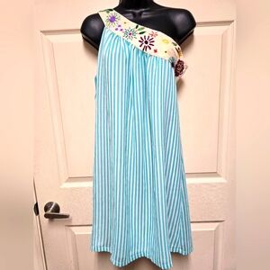 Judith March One Shoulder Embroidered Teal Blue Striped Mini Dress Womens Size M